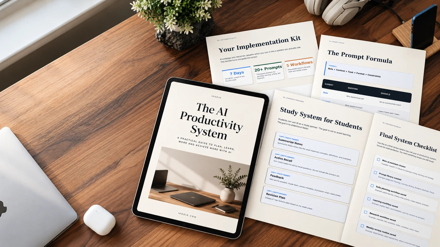 Desk setup with tablet showing The AI Productivity System pages open for implementation