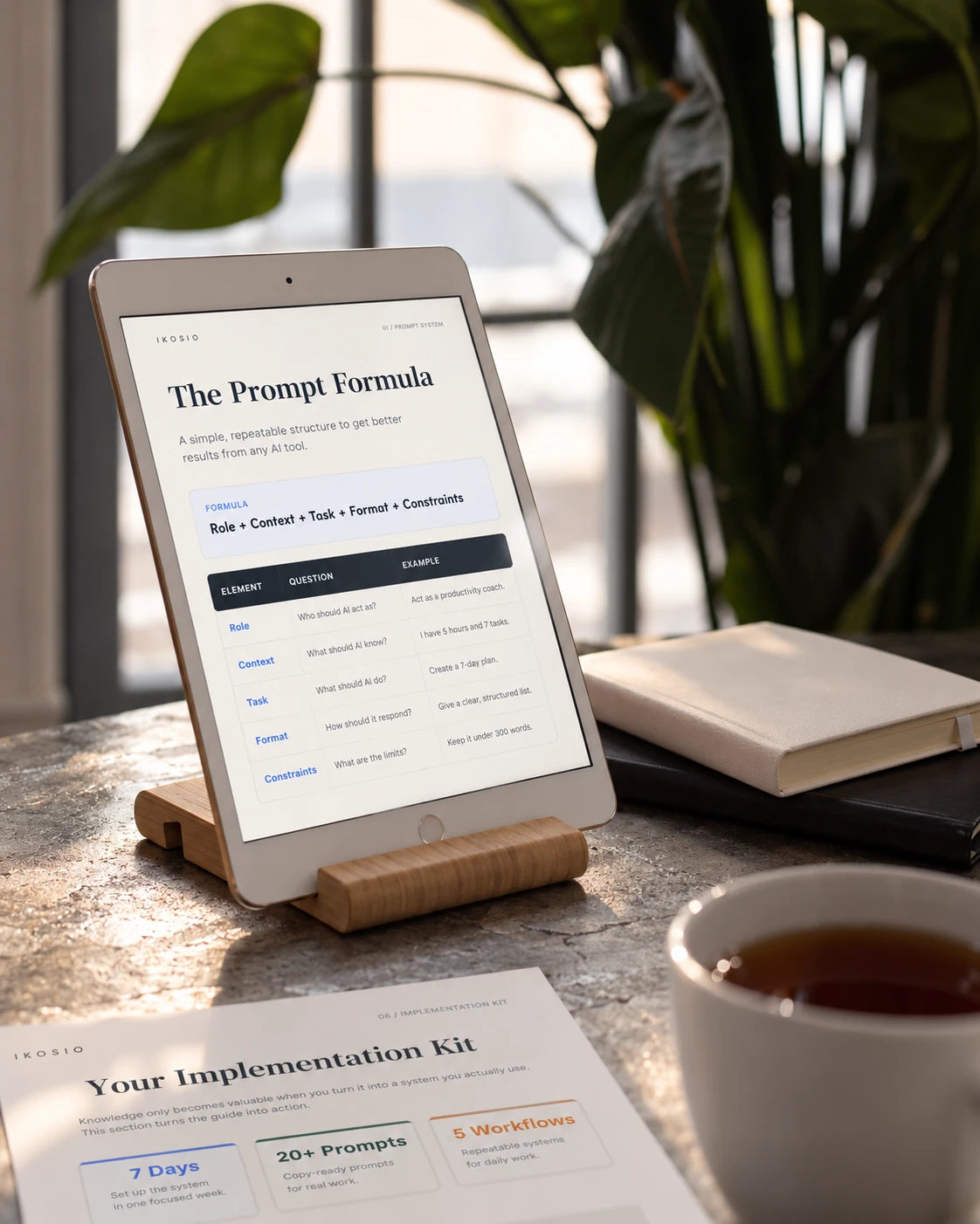Tablet on stand showing pages from The AI Productivity System